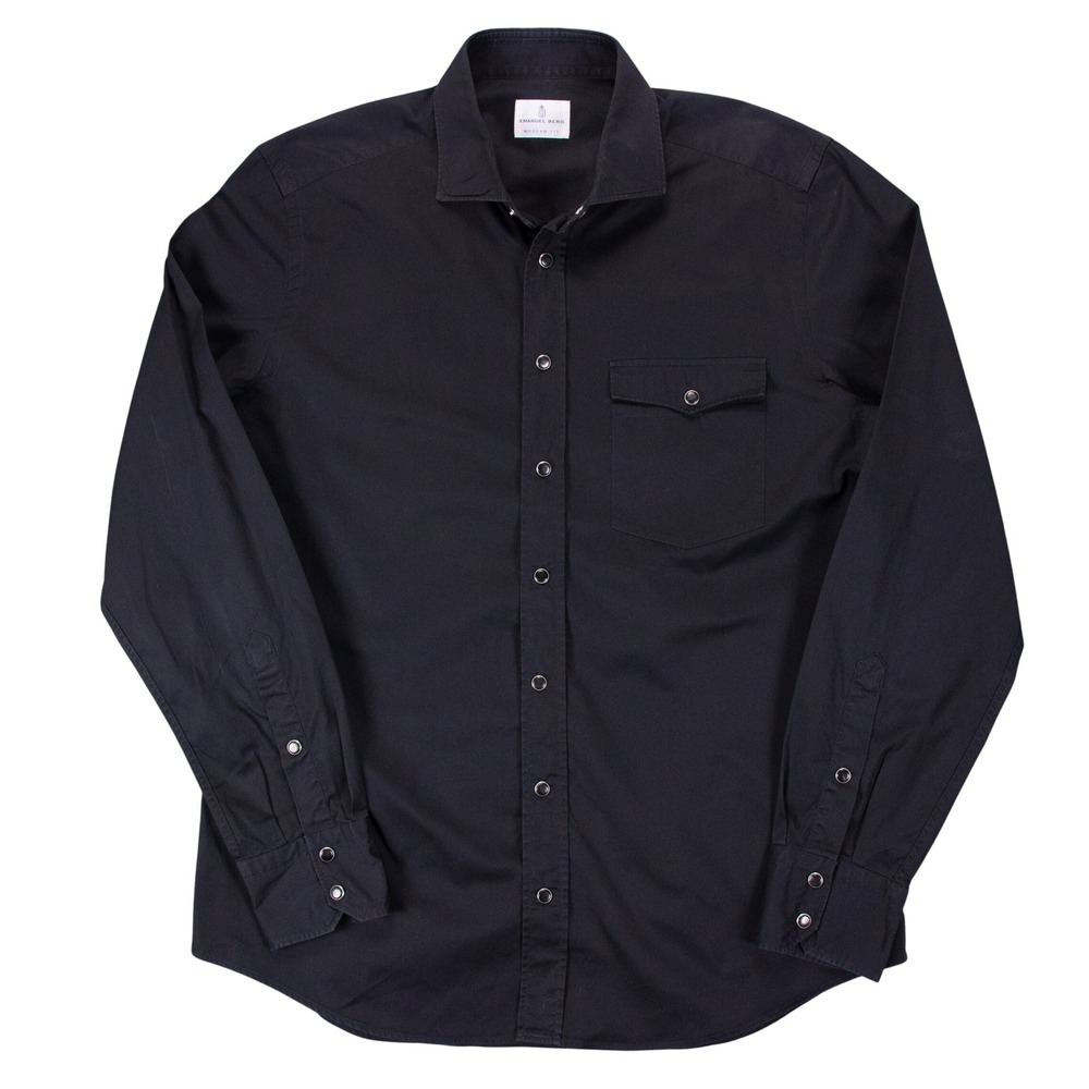 Emanuel Berg Modern Fit Mens L Black Cotton Long Sleeve‎ Dress Shirt Snap Button